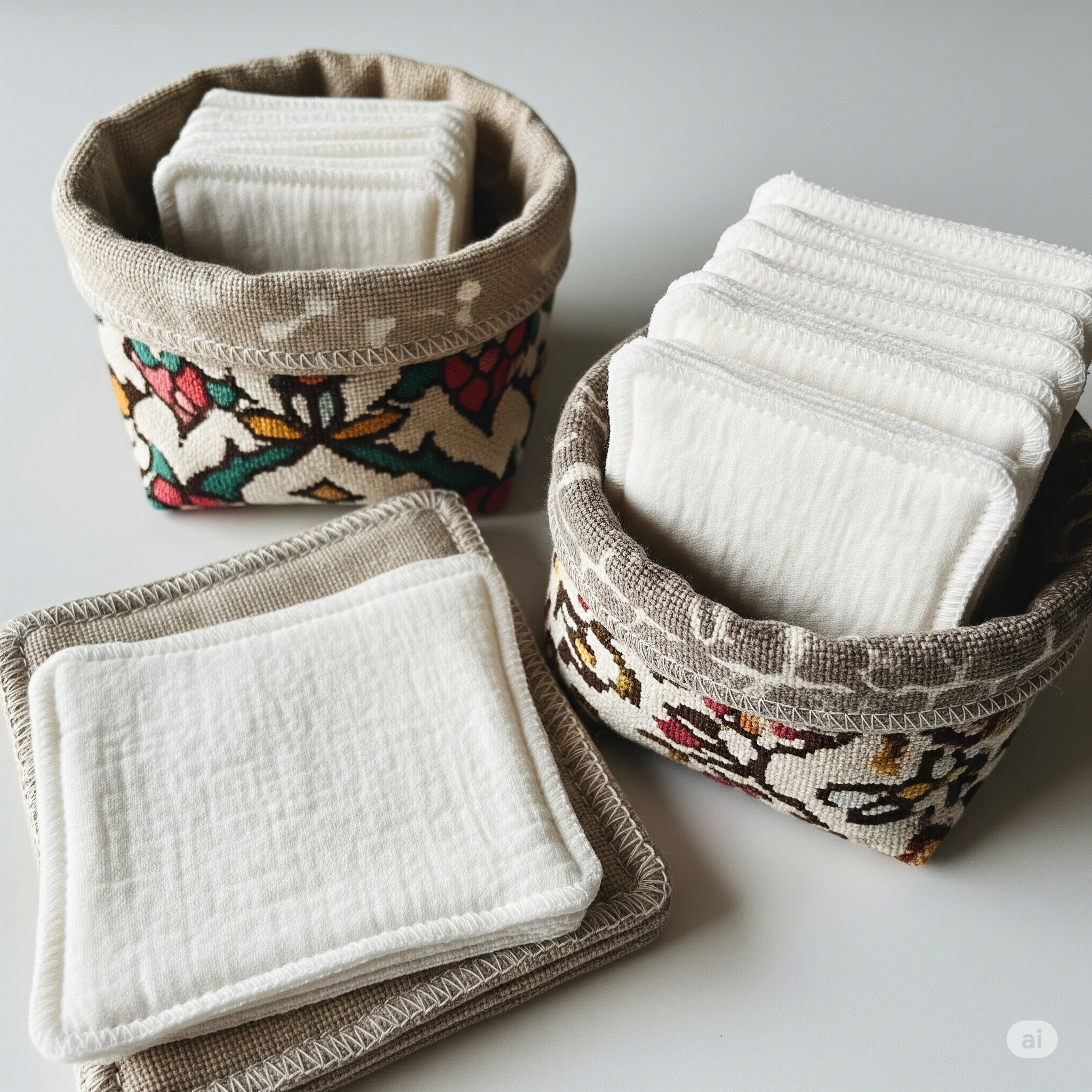 Deux paniers décoratifs en tissu contenant des lingettes démaquillantes en coton, présentés sur une surface blanche.