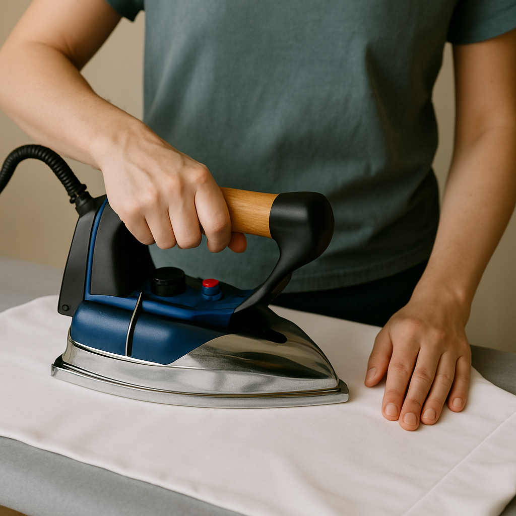 Une personne utilisant un fer à repasser sur un tissu blanc, mettant en avant le repassage délicat.