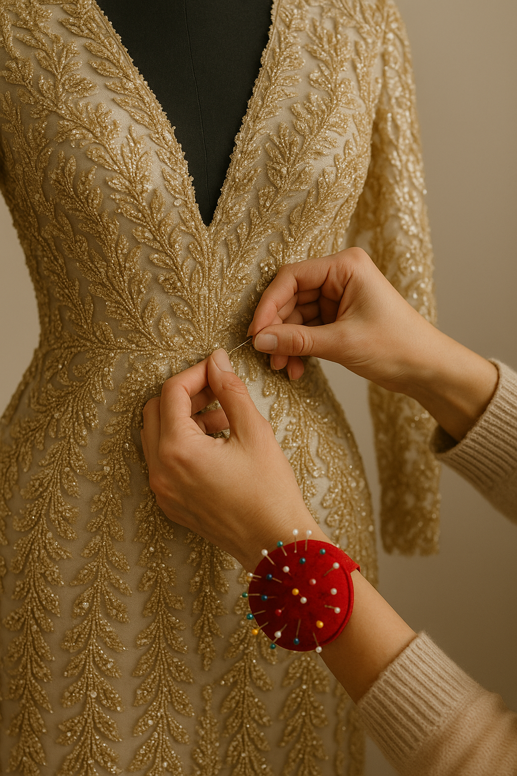 Une personne en train de coudre une robe ornée de détails dorés, avec une épingle à nourrice sur son poignet.