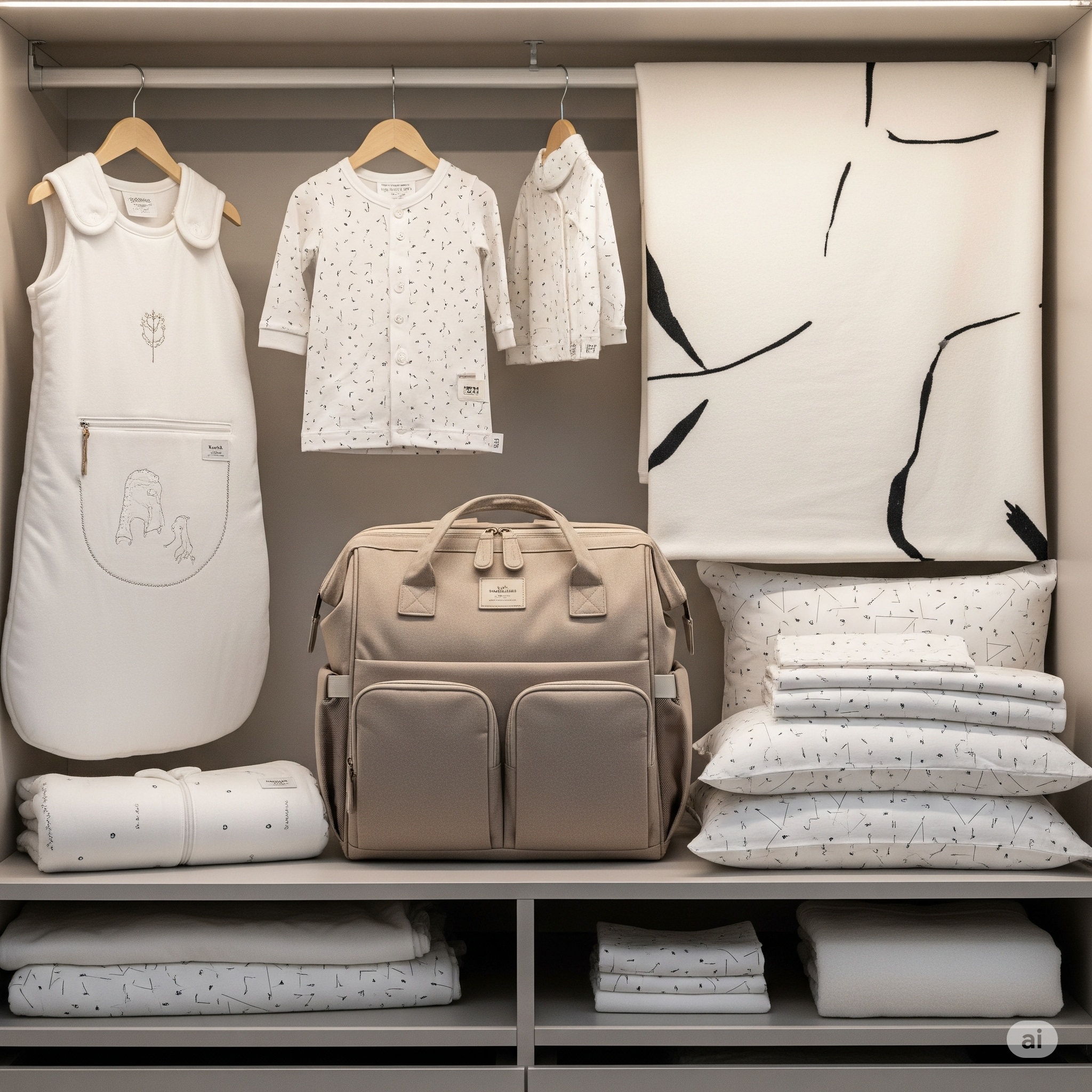 Armoire contenant des vêtements pour bébé, y compris un sac à langer beige, une gigoteuse blanche avec des motifs, un ensemble de vêtements et plusieurs serviettes empilées.